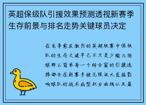 英超保级队引援效果预测透视新赛季生存前景与排名走势关键球员决定 英超保级队引援效果预测透视新赛季生存前景与排名走势关键球员决定