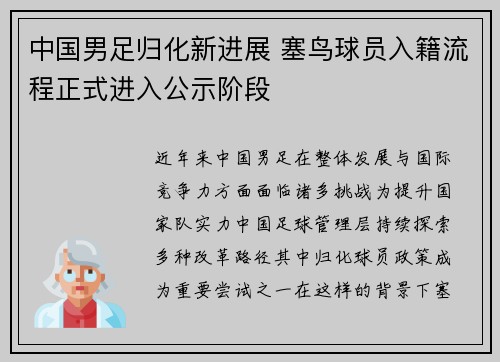 中国男足归化新进展 塞鸟球员入籍流程正式进入公示阶段